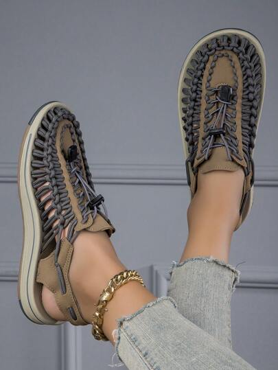 صنادل صيفية منسوجة يدويًا متعددة الألوان للجنسين، أحذية كاجوال عصرية ومريحة، أحذية شاطئ مغلقة من الأمام ومفرغة من الخلف