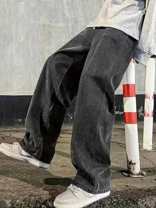 Manfinity Hypemode جينز واسع الساقين رجالي بخصر مرن - جينز واسع لون رمادي داكن مُنقّع، هدية للزوج والحبيب