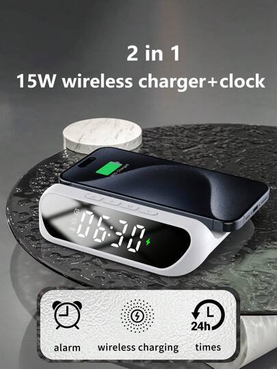 شاحن السلكي ساعة 2 في 1 - 15 واط، مناسب لشحن الهواتف المتوافقة مع Qi، يناسب هواتف آيفون من 8 إلى 15، مناسب للمكتب والسكن والمنزل