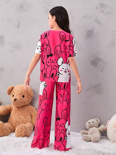 بيجاما طقم ملابس منزلية فضفاضة للفتيات من Tween برقبة دائرية فضفاضة وأكمام قصيرة وواسعة الساق بنمط كرتوني