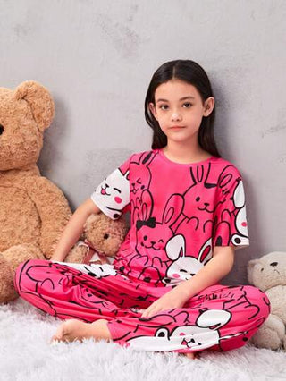 بيجاما طقم ملابس منزلية فضفاضة للفتيات من Tween برقبة دائرية فضفاضة وأكمام قصيرة وواسعة الساق بنمط كرتوني