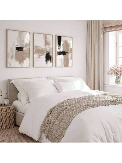 مجموعة من ثلاث لوحات ورقية فنية بالألوان الأسود والبيج بتصميم مجرّد رجعي حديث و بحدود دنيا عصرية، صورة جدارية بسيطة بدون إطار مثالية لغرف المعيشة والنوم والمكاتب للديكور الداخلي