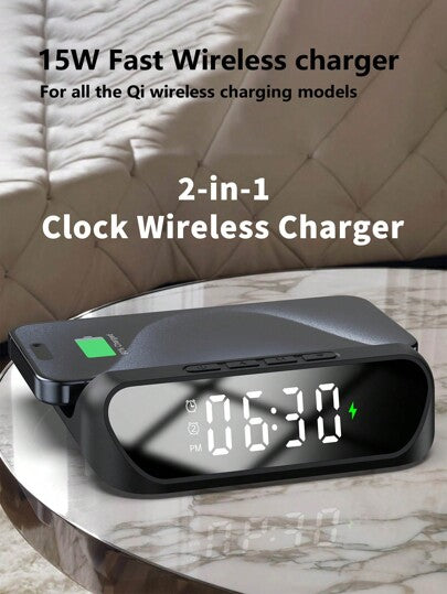 شاحن السلكي ومنبه مزدوج بقوة 15 واط، متوافق مع الهواتف الذكية المدعمة لتقنية Qi، متوافق مع أجهزة iPhone8 / X / 11 / 12 / 13 / 14 / 15، شحن لا سلكي مناسب للمكتب والسكن وغرفة النوم