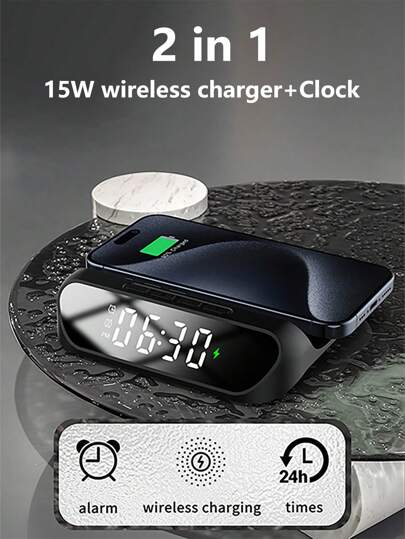 شاحن السلكي ومنبه مزدوج بقوة 15 واط، متوافق مع الهواتف الذكية المدعمة لتقنية Qi، متوافق مع أجهزة iPhone8 / X / 11 / 12 / 13 / 14 / 15، شحن لا سلكي مناسب للمكتب والسكن وغرفة النوم