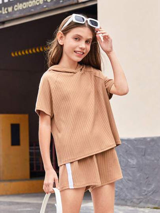 girls-sets مجموعة طقم بنطلون كورت وقميص هودي محبوك بأكمام راغلان بلون صلب لفتيات البلوغ، الصيف