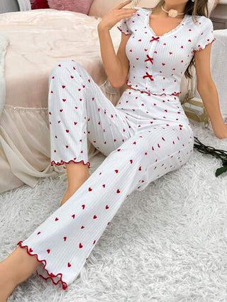 مجموعة بيجاما شورت أكمام قصيرة مطبوع بنقشة قلب للسيدات, طقم أبيض