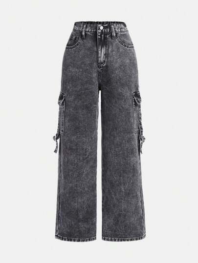 SHEIN Girlism بنطال جينز مستقيم فضفاض مغسول بحمض للفتيات المراهقات جيل الألفية الثانية