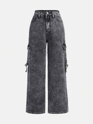 SHEIN Girlism بنطال جينز مستقيم فضفاض مغسول بحمض للفتيات المراهقات جيل الألفية الثانية