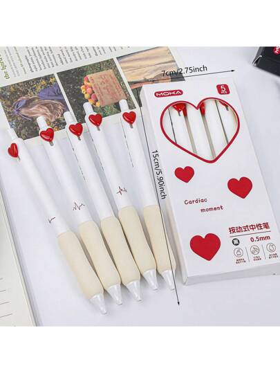 1 صندوق يحتوي على 5 أقلام قلم رصاص قابلة للتعبئة بالنقر ومزودة بمقبض أنيق بشكل قلب أبيض ناعم ، قلم رصاص دقة قلم برأس فرشاة قطره 0.5 مم ، ألوان أسود / أبيض / وردي، حبر سريع الجفاف، مناسبة لامتحان الطلاب، والتوصيل المجاني