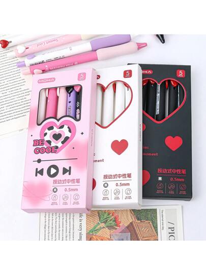 1 صندوق يحتوي على 5 أقلام قلم رصاص قابلة للتعبئة بالنقر ومزودة بمقبض أنيق بشكل قلب أبيض ناعم ، قلم رصاص دقة قلم برأس فرشاة قطره 0.5 مم ، ألوان أسود / أبيض / وردي، حبر سريع الجفاف، مناسبة لامتحان الطلاب، والتوصيل المجاني