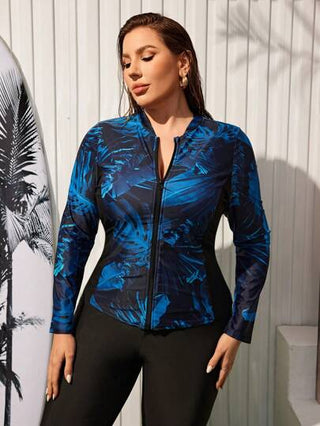 Swim SPRTY مجموعة بيكيني أمامي بسحاب كبير مطبوعة بمقاس زائد ونمط سترة من التصحيح النمطي للنساء