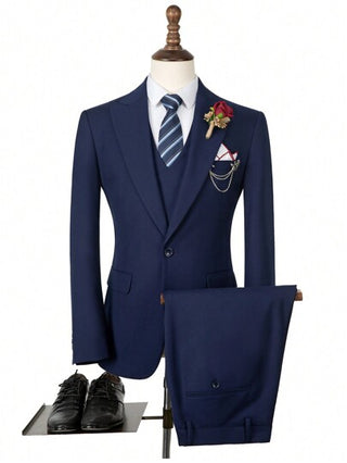 بدلة رجالية 3 قطع من فوروياي مجموعة بدلة للرجال أناقة لون أزرق داكن بتصميم ضيق مناسب ملابس سهرة بسترة أحادية الصدر سترة وسروال مناسبة لحفلات الزفاف والأعياد والعمل المقاسات من XS إلى 3XL