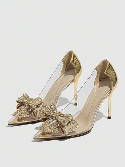 حذاء كعب عالي واحد نقطة الأصابع مزين بفراشة وزهرة من الراين، نسائي باللونين الفضي والشامباني، أنيق للغاية