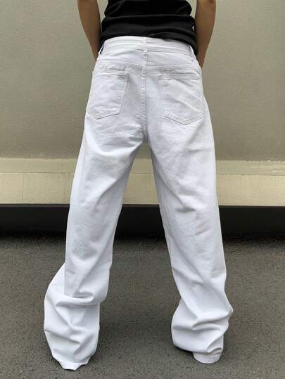 Manfinity Hypemode سروال جينز كاجوال للرجال مع جيوب، فضفاض طويل مغسول بتصميم فاتح، بناطيل بنمط خزنة، ألوان بيضاء للسهرات وارتداء الشارع، بناطيل واسعة بقصة واسعة الساق
