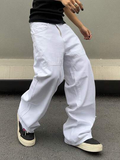 Manfinity Hypemode سروال جينز كاجوال للرجال مع جيوب، فضفاض طويل مغسول بتصميم فاتح، بناطيل بنمط خزنة، ألوان بيضاء للسهرات وارتداء الشارع، بناطيل واسعة بقصة واسعة الساق