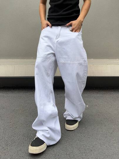 Manfinity Hypemode سروال جينز كاجوال للرجال مع جيوب، فضفاض طويل مغسول بتصميم فاتح، بناطيل بنمط خزنة، ألوان بيضاء للسهرات وارتداء الشارع، بناطيل واسعة بقصة واسعة الساق