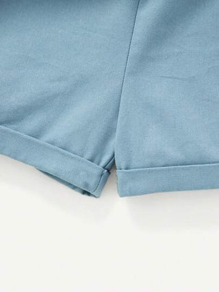 Cozy Pixies طقم شورت وبلوزة بأكمام قصيرة وياقة واقفة مطرزة بشجرة جوز الهند للأولاد الصغار
