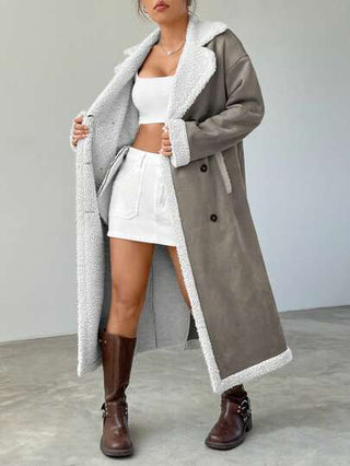 EZwear معطف كاجوال طويل للنساء بياقة فرائية الصدر بتصميم كتل اللون ، موسم الخريف/الشتاء