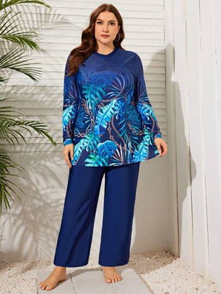 Swim Mulvari مجموعة ملابس السباحة للنساء بأحجام كبيرة طبعة نباتات طويلة الأكمام والسراويل الطويلة