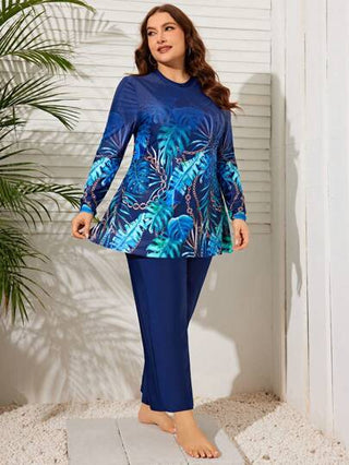 Swim Mulvari مجموعة ملابس السباحة للنساء بأحجام كبيرة طبعة نباتات طويلة الأكمام والسراويل الطويلة