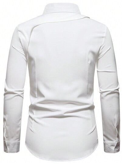 Manfinity Hypemode قميص كوري أنيق بأكمام طويلة ولون واحد مناسب للرجال للزوج أو للعمل