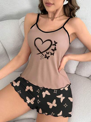 مجموعة بيجاما قصيرة ذات طبعة قلب وفراشة للنساء مؤلفة من قميص نسائي بدون أكمام وسروال قصير