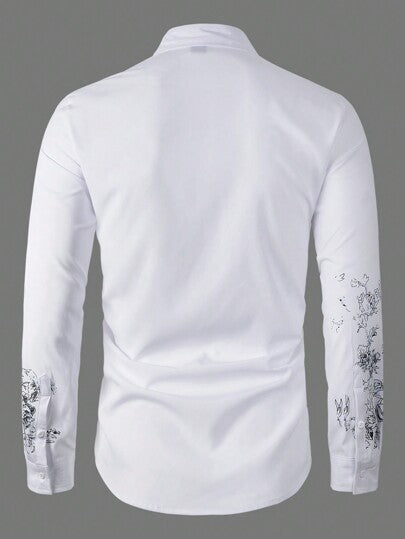 Manfinity Homme قميص كولر أكمام طويلة ذو طبعات زهرية وأزرار أمامي للرجال، للخروج و الأنشطة اليومية