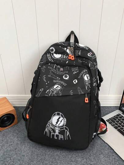 1 قطعة حقيبة ظهر منسوجة بطبعة الفضاء والرسائل ، سحاب إغلاق ، حقيبة كاجوال عصرية للمدرسة، تناسب الجنسين