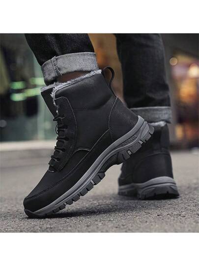 2024 بوت ثلج جلد شتوية دافئة جديدة للرجال بنعل سميك، مقدمة مستديرة، مضادة للانزلاق، مطورة في الأصابع، بوت تنزه كاجوال مناسبة للملابس،ضرورية للسفر الخارجي في الشتاء