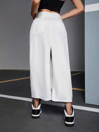 EZwear تنورة جينز مستقيمة ذات فتحة خلفية بلون سادة للسيدات