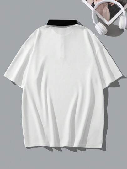 Manfinity Hypemode قميص بولو رجالي قصير الأكمام مع كتلة الألوان وطباعة الحرف باللون الأبيض الكامل العصري العارضة العادية الأبيض كهدية للصديق