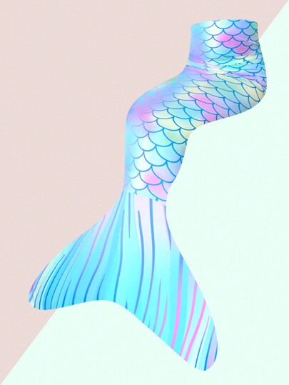 مايوه كامل قطعة للفتاة الصغيرة، تصميم ذيل حورية البحر، نقش حرير السمك، أطراف زهرية، ملابس شاطئ الربيع والصيف