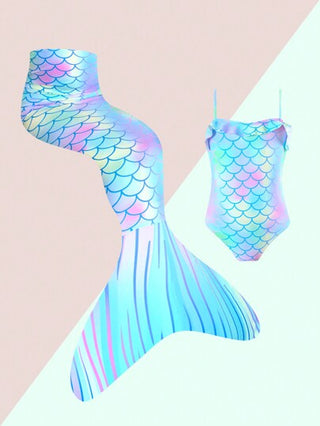 مايوه كامل قطعة للفتاة الصغيرة، تصميم ذيل حورية البحر، نقش حرير السمك، أطراف زهرية، ملابس شاطئ الربيع والصيف