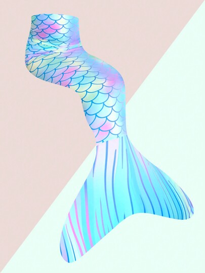 مايوه كامل قطعة للفتاة الصغيرة، تصميم ذيل حورية البحر، نقش حرير السمك، أطراف زهرية، ملابس شاطئ الربيع والصيف