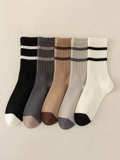 خمسة أزواج من جوارب متوسطة الساق الرجالية بخطين بسيطين على طراز الرجعية