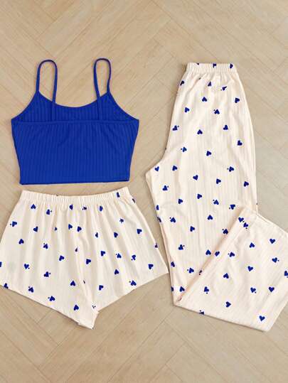 طقم بيجاما بأكمام قصيرة 3 قطع للفتيات، بلوزة بدون أكمام بلون سادة و جيبللة و بنطلون