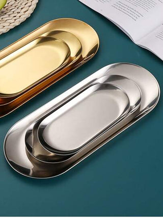 1 قطعة صينية بيضاوية من الفولاذ المقاوم للصدأ فضية لتخزين الأكواب والحلويات والمجوهرات والمطبخ، هدية عيد الميلاد