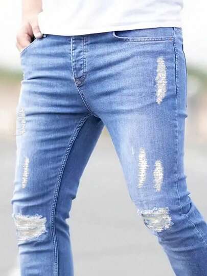 Manfinity EMRG جينز رجالي ضيق ممزق بقصة ضيقة طويلة ومهترئة باللون الأزرق الفاتح والشحن العادي والعمل الأساسي، الزوج