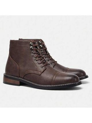 بوت جينز رجالي من الجلد المدبوغ بنمط المهام الأنيق والعتيق،كعب سميك ذو نعل مطاطي ملون باللونين،خياطة بيج، يناسب ارتداؤه مع الجينز