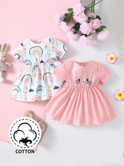 فساتين بيبي فستان بناتي مكون من قطعتين برقبة دائرية وطبعات كارتونية