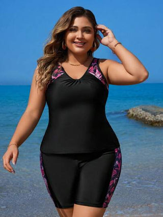 Swim Lushoire طقم ملابس سباحة تانكيني مكون من ملابس علوية خزان مطبوعة بالطبعة الاستوائية وسروال مربع مقاسات كبيرة للشاطئ الصيفي