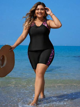 Swim Lushoire طقم ملابس سباحة تانكيني مكون من ملابس علوية خزان مطبوعة بالطبعة الاستوائية وسروال مربع مقاسات كبيرة للشاطئ الصيفي