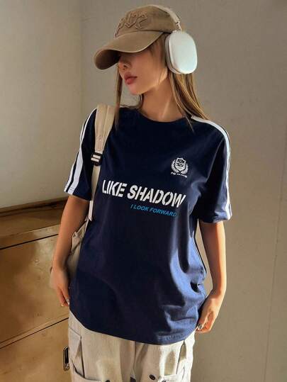 DAZY تي شيرت رياضي نسائي بطبعات خطوط وألوان متباينة ورسومات حرفية من أكمام طويلة وقصيرة وياقة دائرية