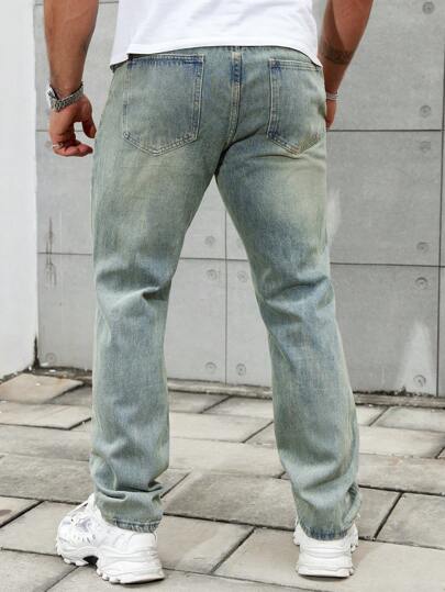 Manfinity Homme جينز رجالي ممزق بتأثير البلى بخصر فضفاض وطويل وجيب، جينز مغسول باللون الداكن مع قماش بسيط بلون أخضر للاستخدام في الحفلات والأصدقاء