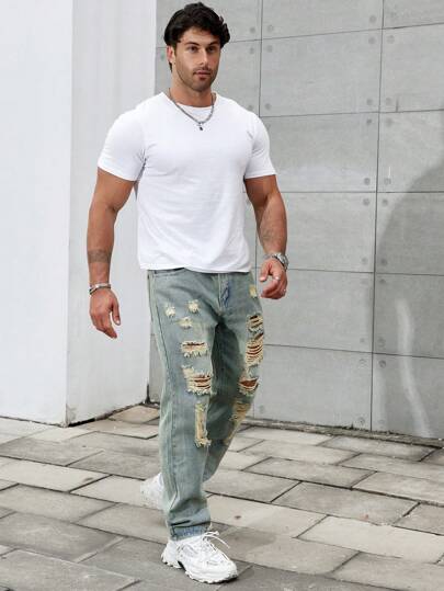 Manfinity Homme جينز رجالي ممزق بتأثير البلى بخصر فضفاض وطويل وجيب، جينز مغسول باللون الداكن مع قماش بسيط بلون أخضر للاستخدام في الحفلات والأصدقاء