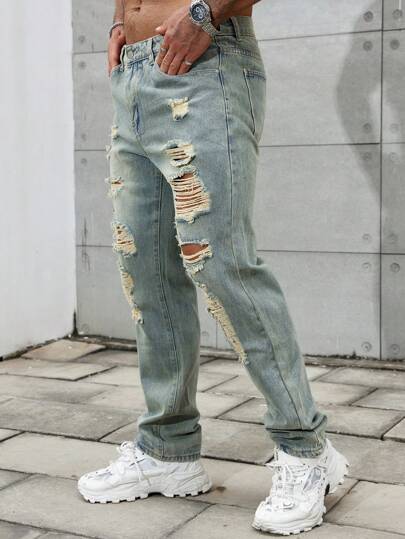 Manfinity Homme جينز رجالي ممزق بتأثير البلى بخصر فضفاض وطويل وجيب، جينز مغسول باللون الداكن مع قماش بسيط بلون أخضر للاستخدام في الحفلات والأصدقاء