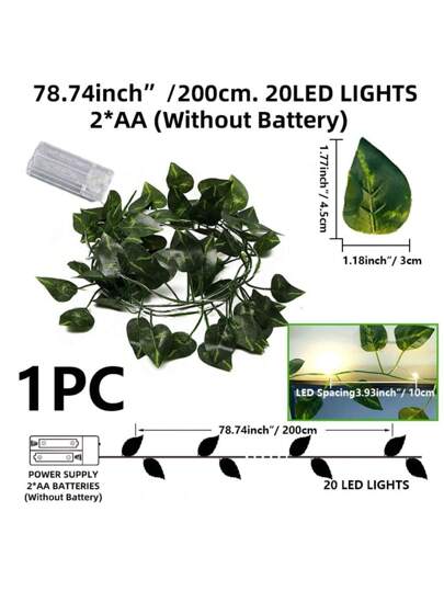 Majisu أضواء شجرة إضاءة سلسلة مزيفة بأوراق خضراء Led (2 م / 6.56 قدمًا ، 20 مصباح Led) ، لزينة عيد السنة ، يعمل بالبطارية - البطاريات غير مشمولة ، مناسب لديكور الجدران في المنزل والمكتب وعيد الميلاد والغرفة وغرفة النوم