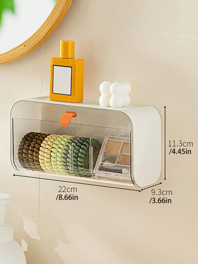 صندوق تخزين معلق للحائط بغطاء وأجزاء واضحة الشكل للاستخدام المتعدد، مناسب لتخزين الفوط الصحية ومستحضرات التجميل
