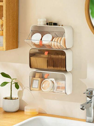 صندوق تخزين معلق للحائط بغطاء وأجزاء واضحة الشكل للاستخدام المتعدد، مناسب لتخزين الفوط الصحية ومستحضرات التجميل