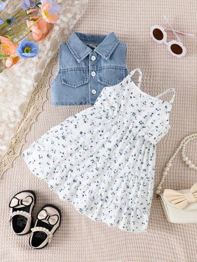 فساتين بيبي بدلة فستان زهري وسترة بزر أمامي واحد للفتيات الرضع